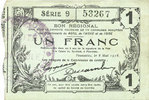 FRENCH EMERGENCY NOTES 1 franc Fourmies (59). Bon Régional des Départ. du Nord, Aisne & Oise. Billet. 8.5.1915, série 9 -