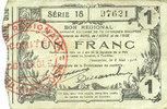 FRENCH EMERGENCY NOTES 1 franc Fourmies (59). Bon Régional des Départ. du Nord, Aisne & Oise. Billet. 8.5.1915, série 18 -
