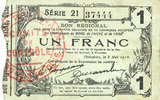 FRENCH EMERGENCY NOTES 1 franc Fourmies (59). Bon Régional des Départ. du Nord, Aisne & Oise. Billet. 8.5.1915, série 21 -