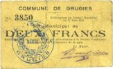 FRENCH EMERGENCY NOTES 2 francs Grugies (02). Commune. Billet. -