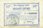 FRENCH EMERGENCY NOTES Hamegicourt (02). Commune. Billet. B.R.U., 50 cmes -