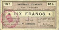 FRENCH EMERGENCY NOTES 10 francs Harnes (62). Commune. Billet. 17.9.1915, série AA -
