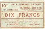 FRENCH EMERGENCY NOTES 10 francs Hénin-Liétard (62). Ville. Billet. émission 1915, -