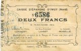 FRENCH EMERGENCY NOTES 2 francs Iwuy (59). Caisse d'Epargne. Billet. -