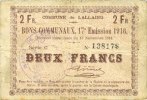 FRENCH EMERGENCY NOTES 2 francs Lallaing (59). Commune. Billet. 13.11.1914, 17e émission 1916, série C -