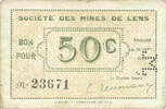 FRENCH EMERGENCY NOTES 50 centimes Lens (62). Société des Mines de Lens. Billet. 23.9.1914, perforation M -