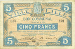 FRENCH EMERGENCY NOTES 5 francs Lille (59). Ville. Billet. 11.4.1917, série I -