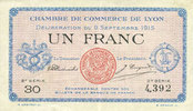 FRENCH EMERGENCY NOTES 1 franc Lyon (69). Chambre de Commerce. Billet. 9.9.1915, 2e série, série 30 -