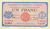 FRENCH EMERGENCY NOTES 1 franc Lyon (69). Chambre de Commerce. Billet. 13.9.1917, 5e série, série 1051 -