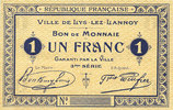 FRENCH EMERGENCY NOTES 1 franc Lys-Lez-Lannoy (59). Ville. Billet. 3e série. Essai sans numérotation ni cachet de la commune -