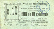 FRENCH EMERGENCY NOTES 10 centimes Marchiennes (59). Ville. Billet. 2.7.1915, carton vert -