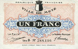 FRENCH EMERGENCY NOTES 1 franc Metz (57). Ville. Billet. série B -