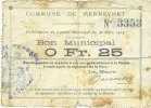 FRENCH EMERGENCY NOTES 25 centimes Mennevret (02). Commune. Billet. -