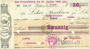 GERMANY - EMERGENCY NOTES (1914-1923) K - Z 20 mark Lehe, Stadt, billet 1.11.1918, annulation par perforation -