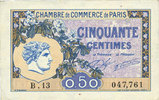 FRENCH EMERGENCY NOTES 50 centimes Paris (75). Chambre de Commerce. Billet. 10.3.1920, série B.13 -