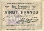FRENCH EMERGENCY NOTES 20 francs Oignies (62). Commune. Billet. 30.8.1914, série F -