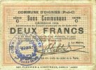 FRENCH EMERGENCY NOTES 2 francs Oignies (62). Commune. Billet. 30.8.1914, série C -