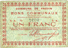 FRENCH EMERGENCY NOTES 1 franc Provin (59). Commune. Billet. -