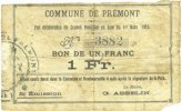 FRENCH EMERGENCY NOTES 1 franc Prémont (02). Commune. Billet. -