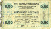 FRENCH EMERGENCY NOTES 50 centimes Solesmes (59). Bons de la Région. Billet. -