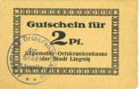 GERMANY - EMERGENCY NOTES (1914-1923) K - Z 2 pf Liegnitz (Legnica, Pologne), Allgemeine Ortskrankenkasse, billet carton chamois -