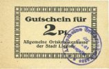 GERMANY - EMERGENCY NOTES (1914-1923) K - Z 2 pf Liegnitz (Legnica, Pologne), Allgemeine Ortskrankenkasse, billet carton blanc mince -
