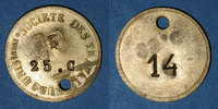 FRENCH EMERGENCY COINS 25 centimes Lyon (69). Société des Travailleurs Unis. . Percé et 14 en contremarque au revers -
