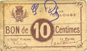 FRENCH EMERGENCY NOTES 10 centimes Toulouse (31). Ville. Billet. -