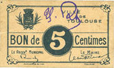 FRENCH EMERGENCY NOTES 5 centimes Toulouse (31). Ville. Billet. -