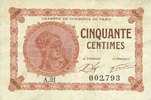 FRENCH EMERGENCY NOTES 50 centimes Paris (75). Chambre de Commerce. Billet. 10.3.1920, série A.21 -