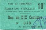 FRENCH EMERGENCY NOTES 10 centimes Tergnier (02). Ville. Emission spéciale. Billet. sans signature -