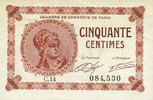 FRENCH EMERGENCY NOTES 50 centimes Paris (75). Chambre de Commerce. Billet. 10.3.1920, série C.14 -