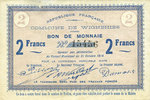 FRENCH EMERGENCY NOTES 2 francs Wignehies (59). Commune. Billet. -