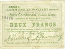 FRENCH EMERGENCY NOTES 2 francs Waziers (59). Commune. Billet. 2.8.1914, série C -