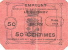 FRENCH EMERGENCY NOTES 50 centimes Le Quesnoy (59). Ville et Etablissements Charitables. Billet. mars 1915 -