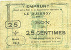 FRENCH EMERGENCY NOTES 25 centimes Le Quesnoy (59). Ville et Etablissements Charitables. Billet. mars 1915 -