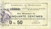 FRENCH EMERGENCY NOTES 50 centimes Ramicourt (02). Commune. Billet. -