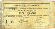 FRENCH EMERGENCY NOTES 1 franc Regny (02). Commune. Billet. -