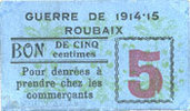 FRENCH EMERGENCY NOTES 5 centimes Roubaix (59). Billet. armoiries (6 mm) -