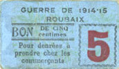 FRENCH EMERGENCY NOTES 5 centimes Roubaix (59). Billet. armoiries (8 mm) -