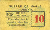 FRENCH EMERGENCY NOTES 10 centimes Roubaix (59). Billet. couronne à 5 branches -
