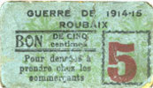 FRENCH EMERGENCY NOTES 5 centimes Roubaix (59). Billet. armoiries (5 mm) -