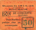 FRENCH EMERGENCY NOTES 50 centimes Roubaix (59). Billet. armoiries (6 mm) -
