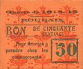 FRENCH EMERGENCY NOTES 50 centimes Roubaix (59). Billet. armoiries (6 mm) -