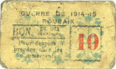FRENCH EMERGENCY NOTES 10 centimes Roubaix (59). Billet. armoiries (6 mm), variante avec le logo de l'imprimeur inversé -