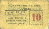 FRENCH EMERGENCY NOTES 10 centimes Roubaix (59). Billet. armoiries (6 mm) -