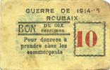 FRENCH EMERGENCY NOTES 10 centimes Roubaix (59). Billet. armoiries (6 mm) -
