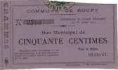 FRENCH EMERGENCY NOTES 50 centimes Roupy (02). Commune. Billet. -