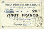 FRENCH EMERGENCY NOTES 20 francs Rimogne (08). Syndicat d'Emission. Billet. 19.11.1917, série CC -