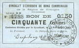FRENCH EMERGENCY NOTES 50 centimes Rimogne (08). Syndicat d'Emission. Billet. 19.11.1917, série HH -